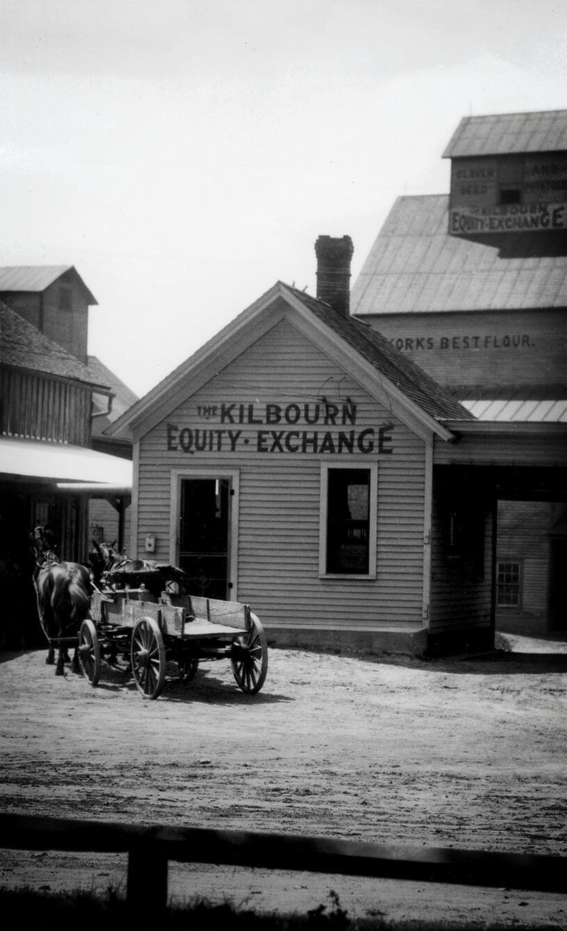 Historic photo of the Kilbourn Equity Exchange building located in what is now known as Wisconsin Dells, WI.