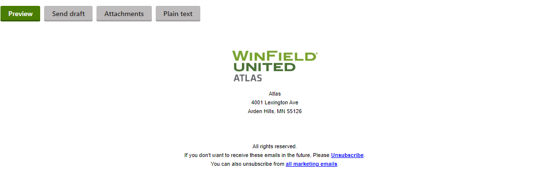 email setup example of dynamic footer featuring Winfield United logo, contact informaion, and unsubscribe links