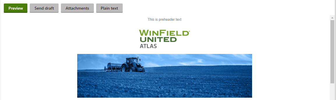 email setup view displaying preheade text, Winfield United logo, and blue image of tractor