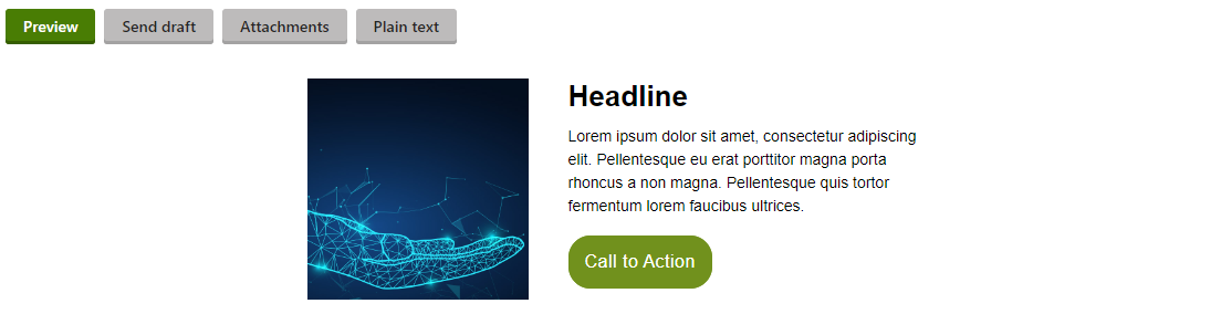 email setup example of linked feature. Image of hand on left, right side contain headline, body text, and a green call to action button