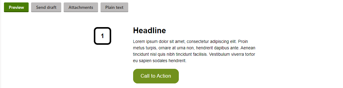 email setup example of list widget. Contain boxed number 1 on left. Right side features a headline, body of text and green call to action button