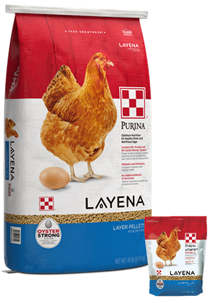 visual of purina layena pellets small and large feed bags