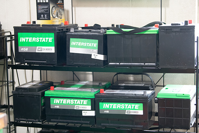 Interstate batteries on a display shelf.