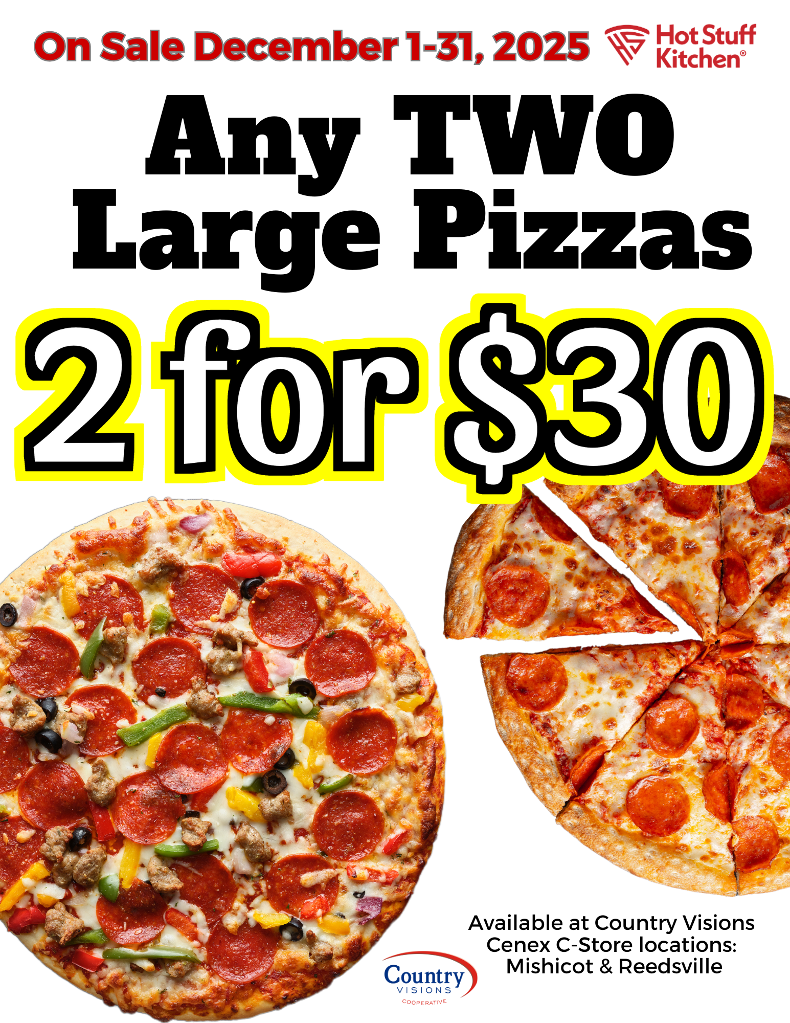 Any Two Large Pizzas for $30 at Hot Stuff in Mishicot and Reedsville