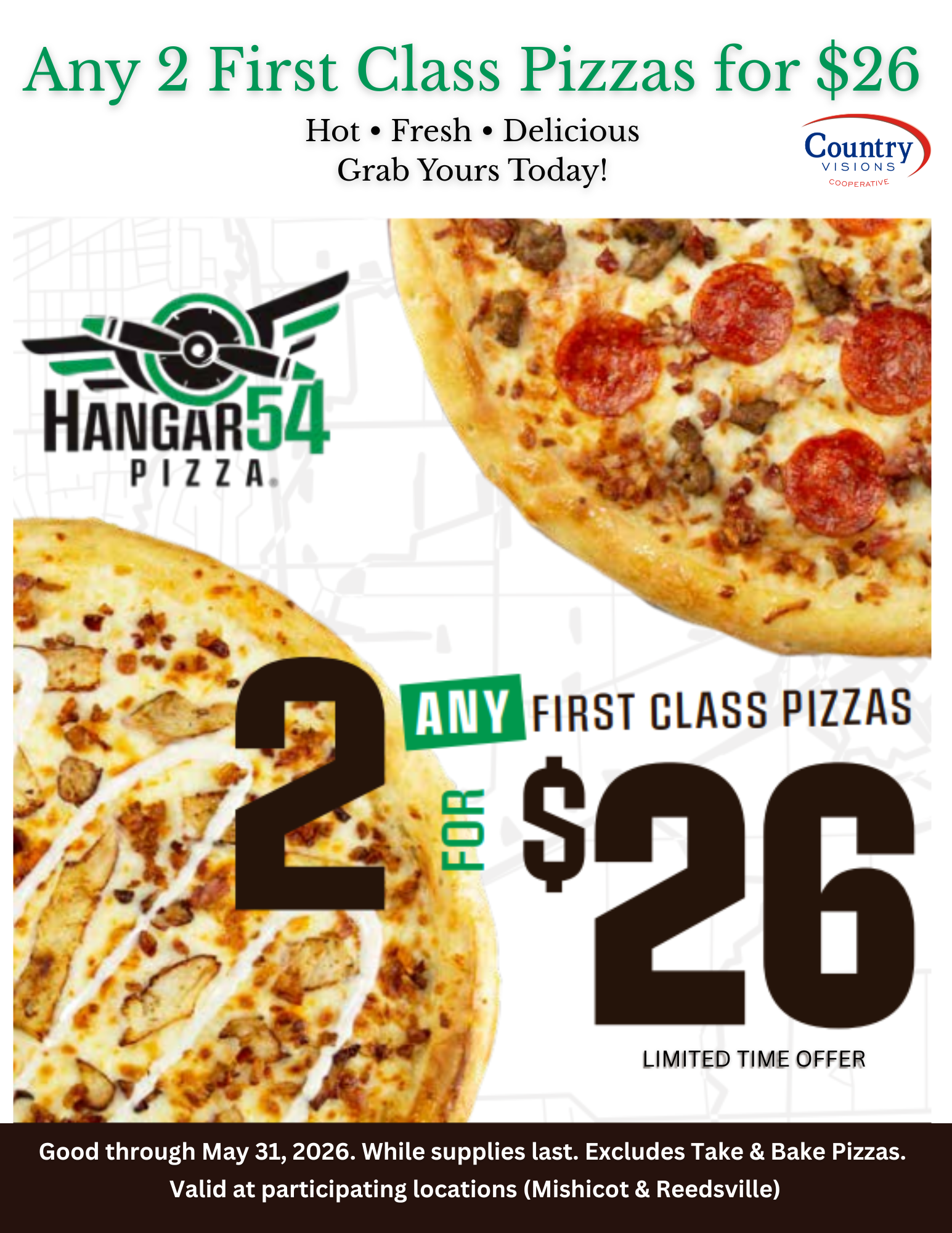 Hangar 54 Pizza Special 2 for $26 at Mishicot & Reedsville