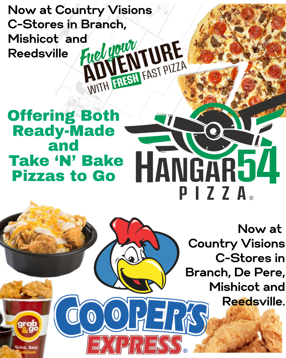 Now Available - Hangar 54 Pizza and Cooper's Chicken at Branch, Mishicot & Reedsville