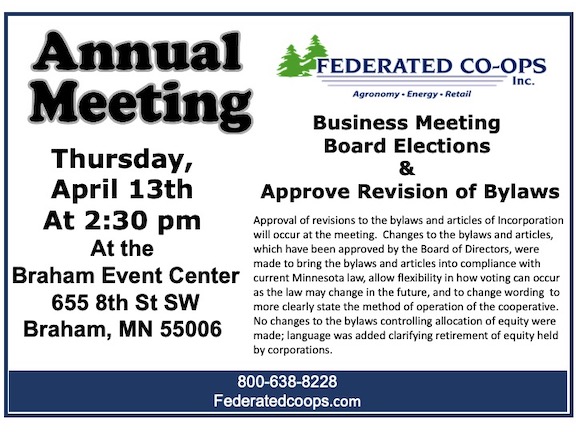 Federated Co-ops' annual meeting is April 13, 2023.