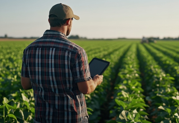 Farmer holding tablet in soybean field