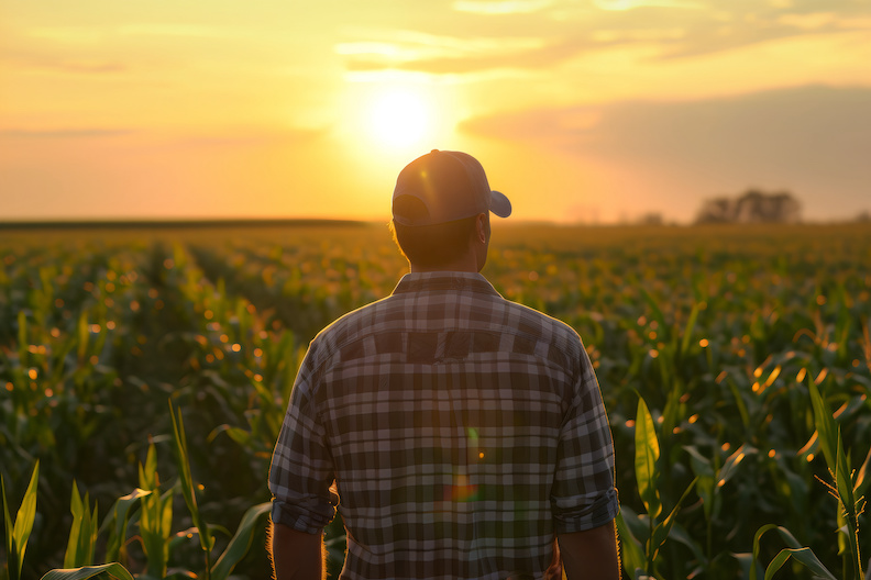 Farmer looking over corn field at sunset