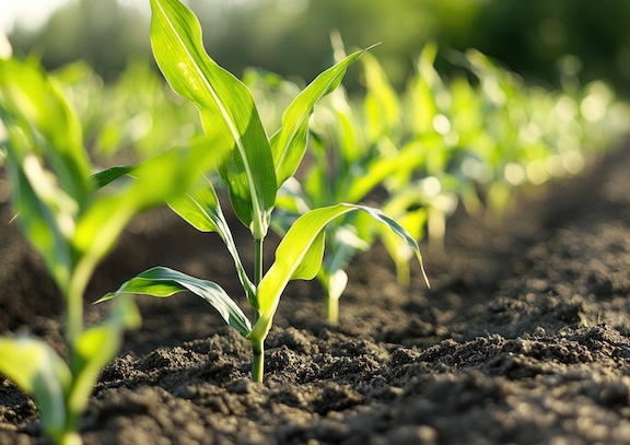 young corn in tilled soil