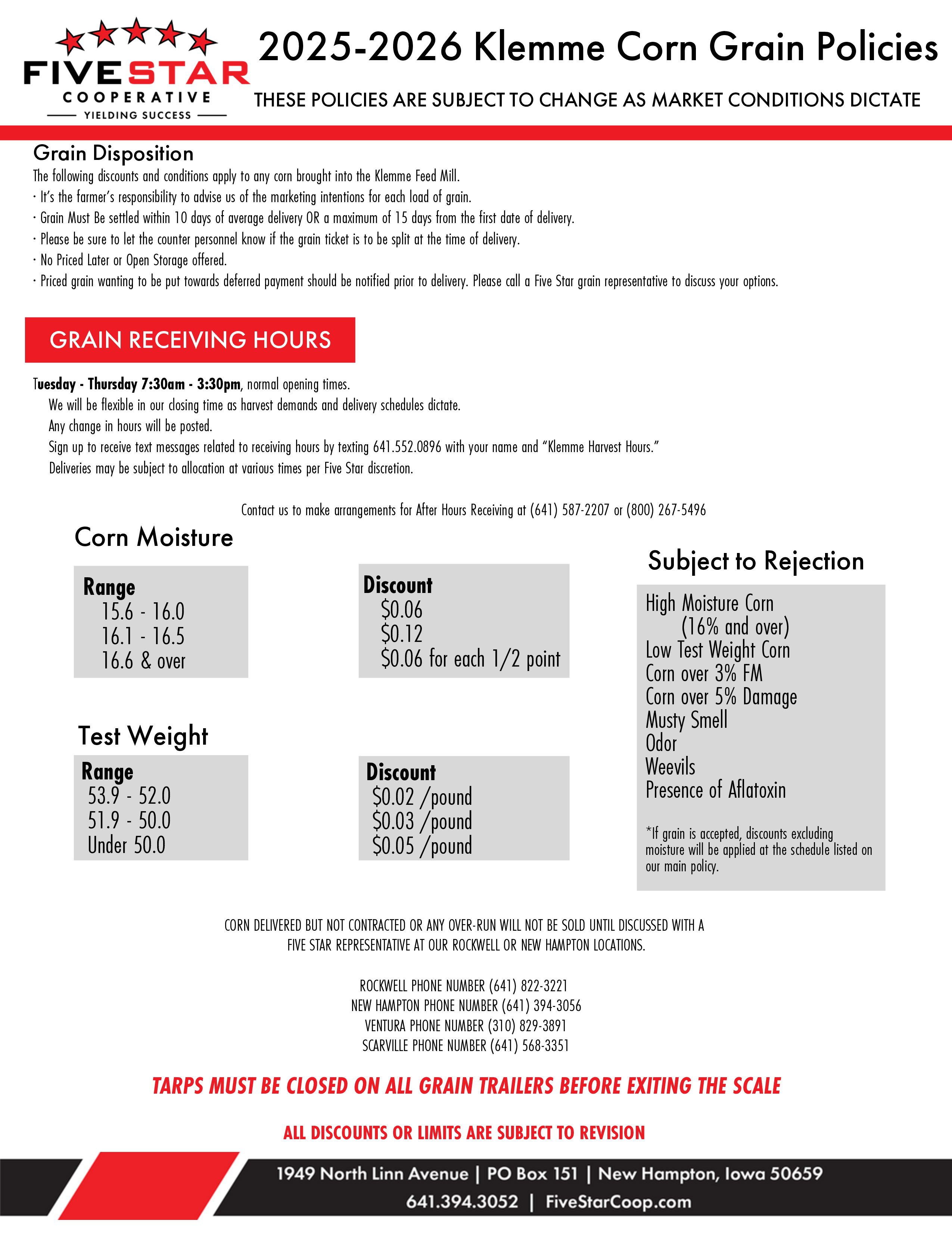 2025-2026 Klemme Corn Grain Policies