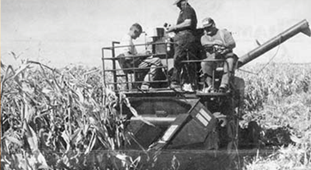 Old Time Photo of Three Male Farmers Harvesting Corn with a Combine