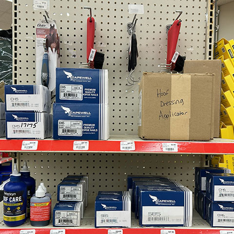 A shelf filled with various horse grooming products.