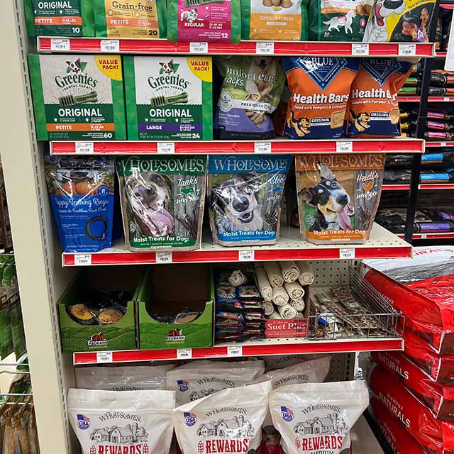 Shelves filled with bags of treats.