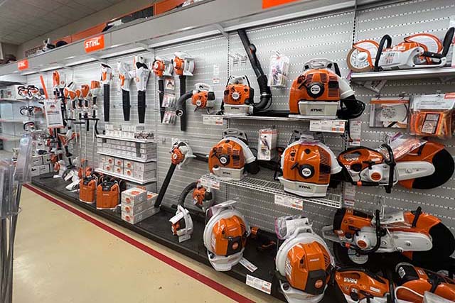 A wide angle photo of the Stihl section featuring smaller power equipment.