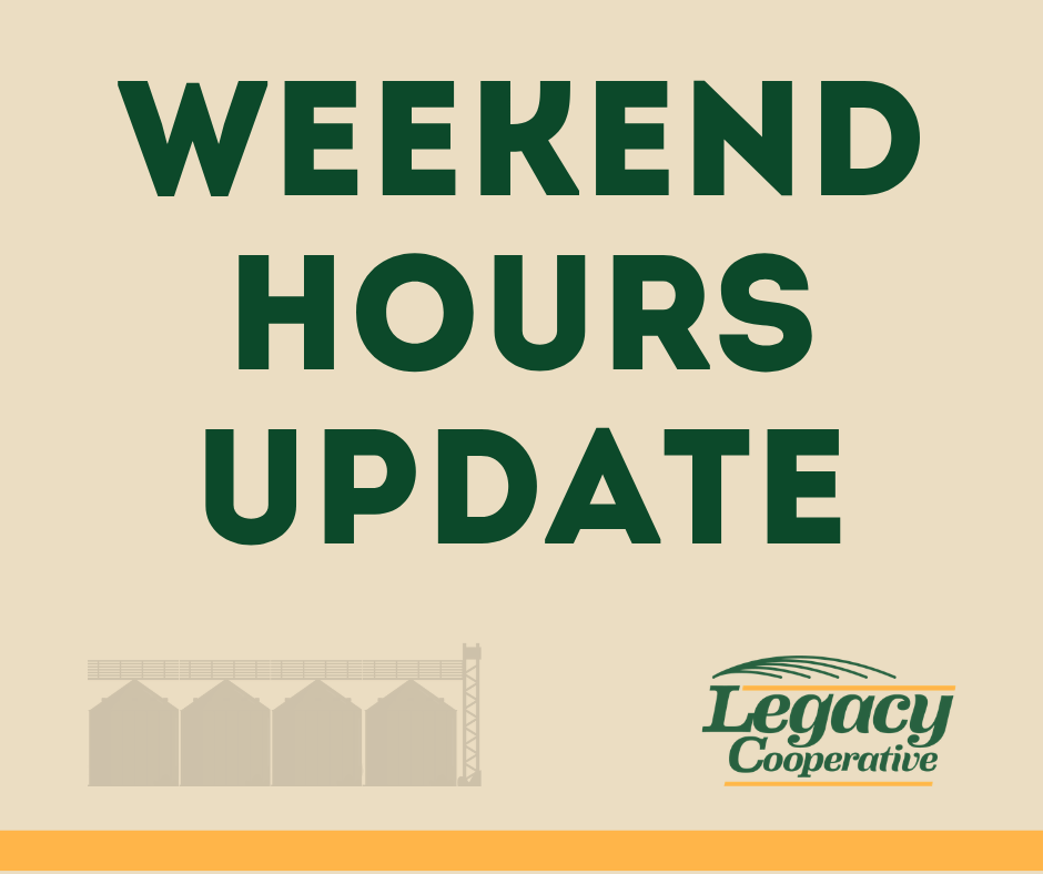 Sign with text stating "Due to wet conditions, all Legacy Cooperative grain locations will close at 5 p.m. today.