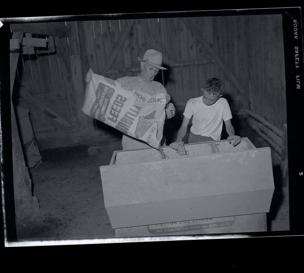 Two farmers putting Co-op Feeds feed in a trough