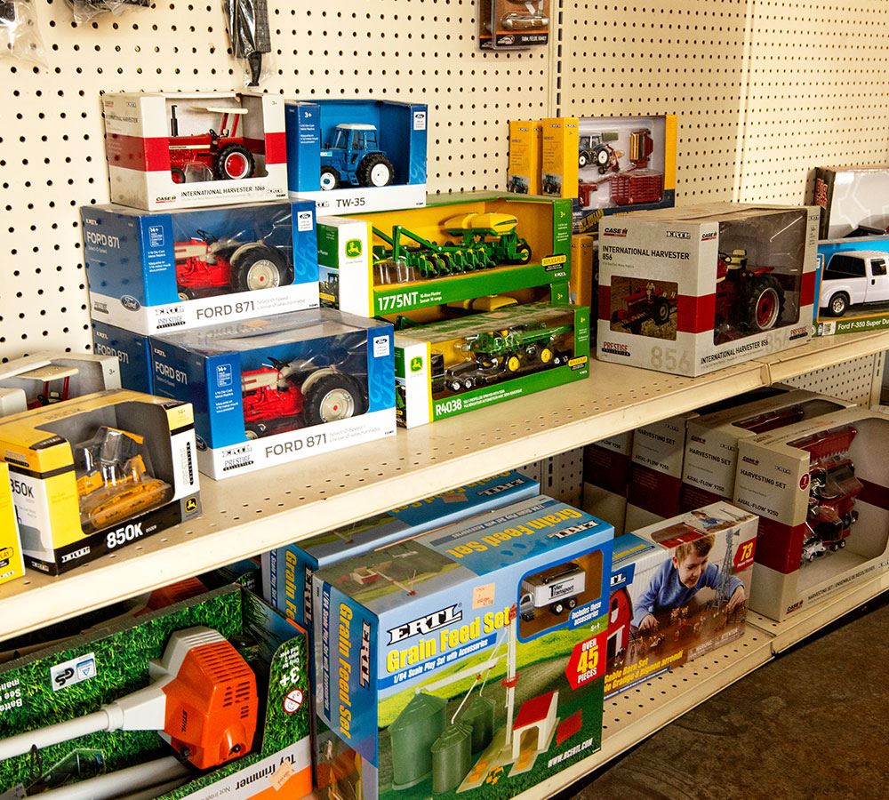 Shelves of kids toys.