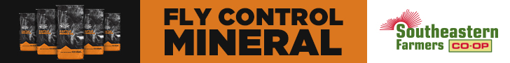 Fly control mineral info graphic that features bags of mineral and the Southeastern Farmers Co-op logo