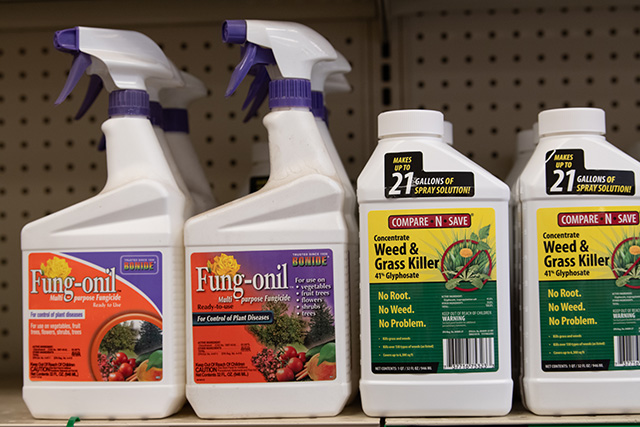 A shelf lined with spray bottles of fung-onil.