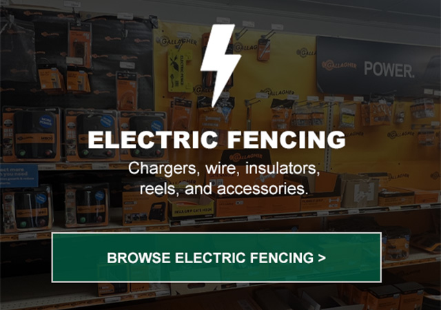 Electric fencing- chargers, wire, insulators, reels, and accessories.