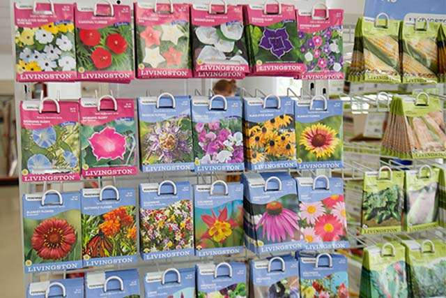 A hanging display with various seeds for flowers and vegetables.