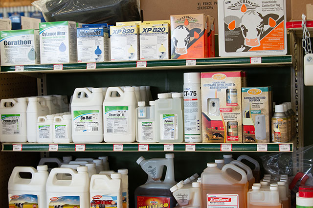 Shelves filled with animal health supplies.