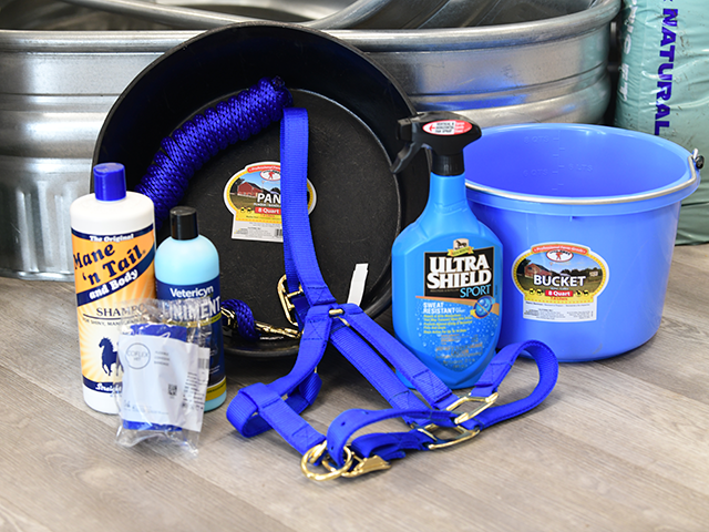 equine supplies including buckets, halters, shampoo and conditioner, lead ropes, ultra shield sport and more