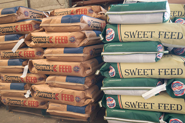 Pallets with feed bags stacked on top.