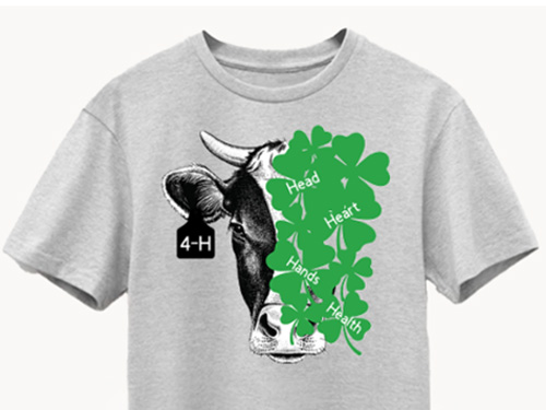 A design for the 4-h t-shirt contest with a cow head and four leaf clovers on a grey shirt.