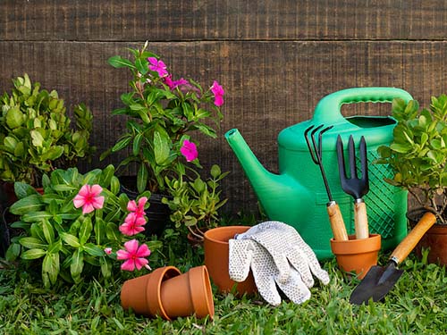 Garden tools laying in the grass.