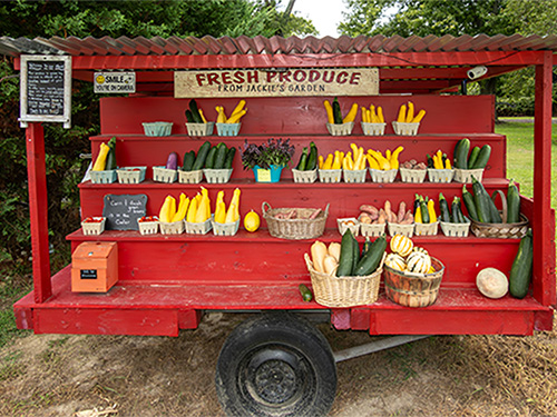 A fresh produce stand with baskets of vegetables