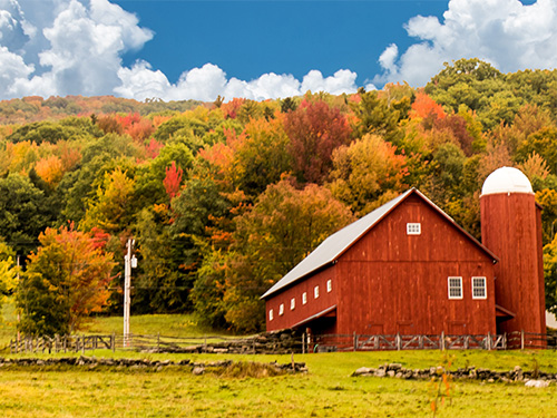 Fall scene with a red barn in front of an autumnal forest