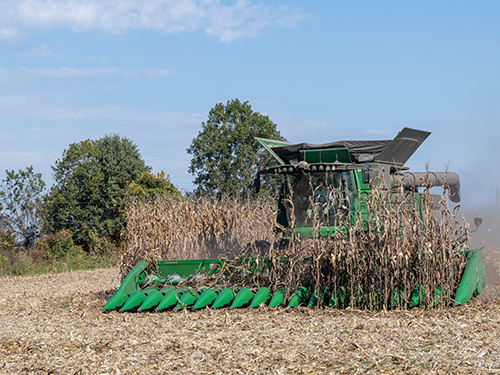 A harvester in a wheat field.