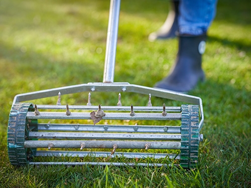 A close up of someone aerating their lawn.