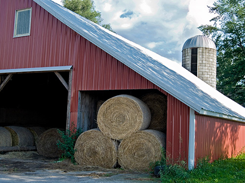 A red barn with round bales of hay inside.